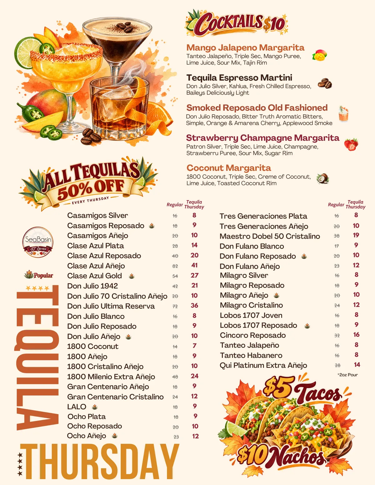 Tequila Thursday at Sea Basin — all tequilas 50% off every Thursday, $10 cocktails, $5 tacos and $10 nachos